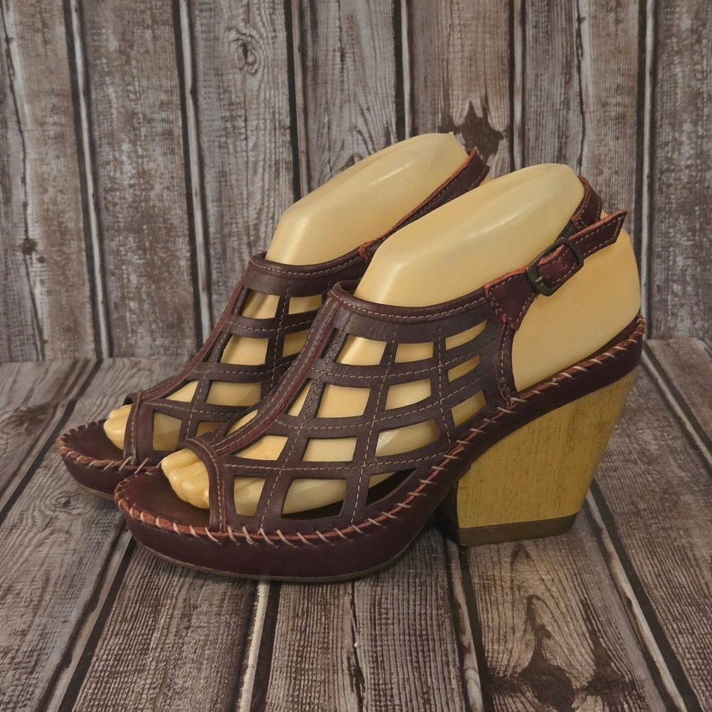 Sz 7 US/ 24 MEX Women Lobo Solo Brown Leather Cage‎ Wedge Platform Sandals VGUC!